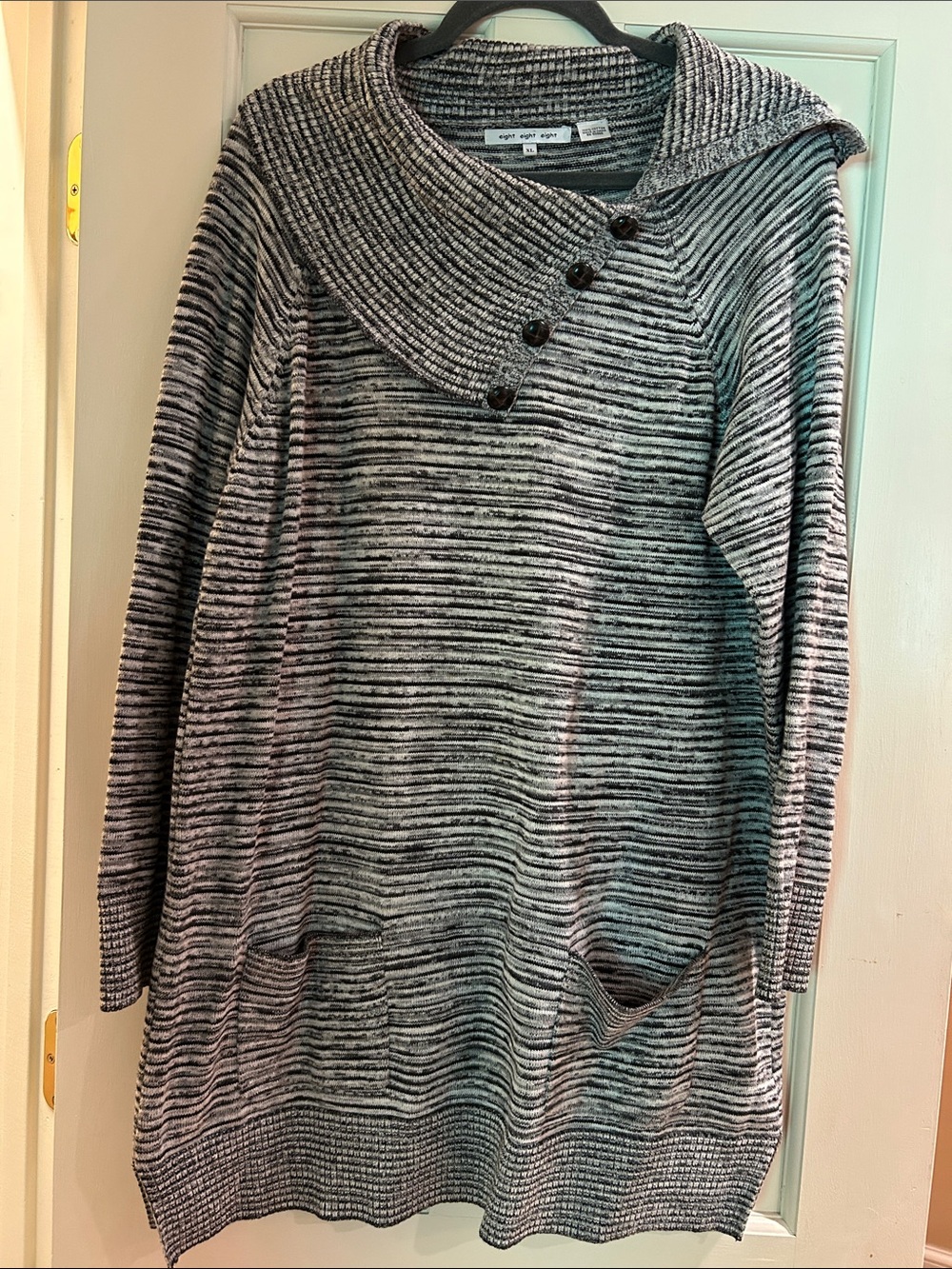eight eight eight Gray Striped Cowl Neck Sweater with Button Detail XL